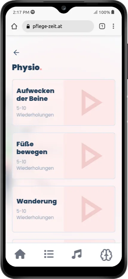 Übersichtseite der Physioübungen
