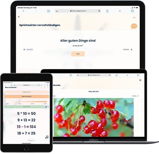 Verschiedene Ansichten der Pflegezeit App auf unterschiedlichen Geräten