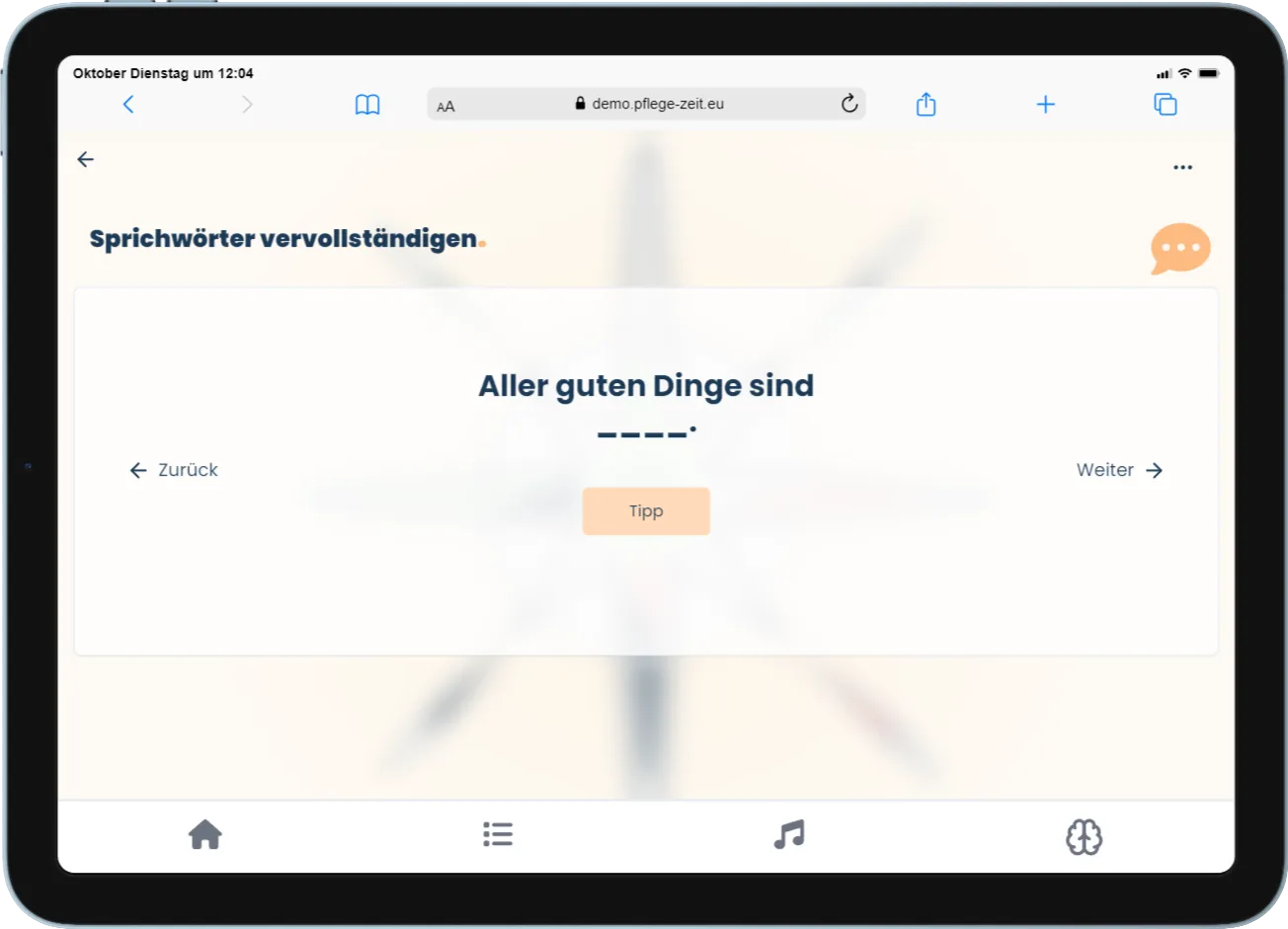 Bild der Pflegezeit Startseite auf einem Tablet