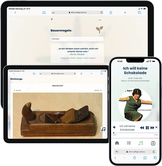 Verschiedene Ansichten der Pflegezeit App auf unterschiedlichen Geräten