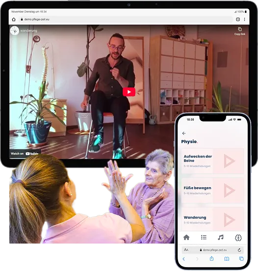 Verschiedene Ansichten der Pflegezeit App auf unterschiedlichen Geräten